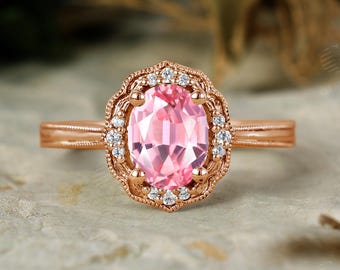 Unique Oval Lab Padparadscha Engagement Ring - Vintage Milgrain Flower Halo Moissanite Bridal Ring