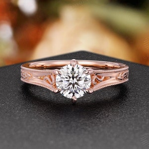 Vintage Round Moissanite Milgrain Engagement Ring,Antique Rose Gold Wedding Band,Unique Filigree Bridal Ring,Anniversary Ring for Women
