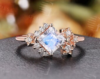 Vintage Princess Cut Moonstone Engagement Ring Rose Gold Cluster