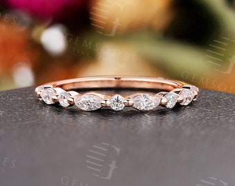 Moissanite wedding band Women marquise cut Diamond solid gold Unique eternity Bridal set Matching Stacking Promise Anniversary ring