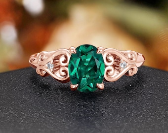 Vintage Oval Emerald Engagement Ring - Victorian 14K Rose Gold Filigree Design Bridal Wedding Ring