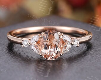 Morganite engagement ring Vintage art deco moissanite ring Antique rose gold ring Unique diamond prong set ring Promise anniversary ring