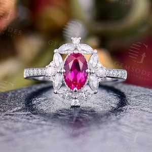 Vintage Ruby Engagement Ring 14K White Gold Moissanite Women Oval Cut Wedding Halo Micro Pave Half Eternity Birthdaystone Anniversary Gift