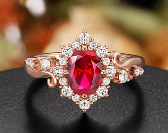 Vintage Oval Ruby Engagement Ring: 14K Rose Gold Moissanite Halo Vine Leaf Ring for Anniversary Gift