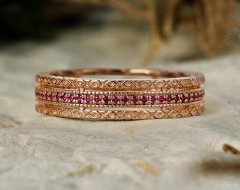 Vintage Ruby Wedding Band,Unique Couple Ring,Matching Stacking Ring For Women,Men 14K Yellow Gold Ring,Micro Pave Eternity Anniversary Ring