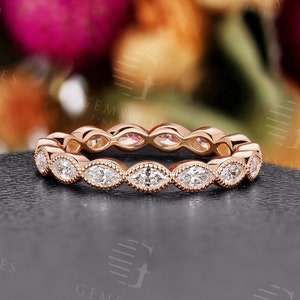 Antique marquise shape Moissanite wedding band Rose gold ring Milgrain ring Full eternity band Unique ring Anniversary Promise bridal band