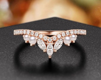 Unique Moissanite Pearl Curved Wedding Band - Leaf Inspired Rose Gold Chevron Stacking Bridal Ring