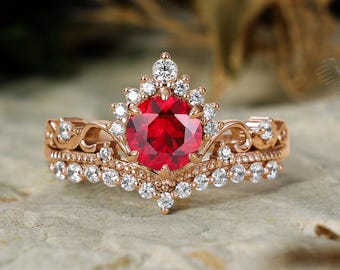 Vintage Filigree Ruby Engagement Ring: Unique 14K Rose Gold Moissanite Halo Crown Bridal Ring