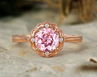 Vintage Padparadscha Engagement Ring - Unique Milgrain 14K Rose Gold Halo Floral Bridal Ring,Anniversary Gift