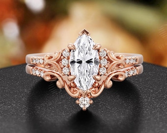 Vintage Marquise Moissanite Engagement Ring Set: Victorian Rose Gold Floral Scrollwork Bridal Set