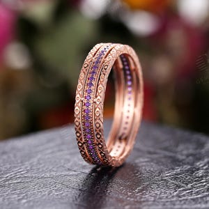 Vintage Amethyst Wedding Band,Unique Couple Ring,Stacking Ring For Women,Rose Gold Wide Ring,Micro Pave Eternity Anniversary Promise Ring