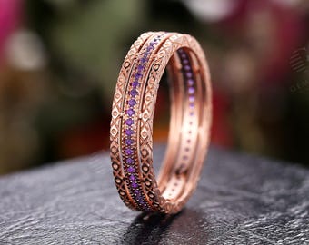 Vintage Amethyst Wedding Band,Unique Couple Ring,Stacking Ring For Women,Rose Gold Wide Ring,Micro Pave Eternity Anniversary Promise Ring