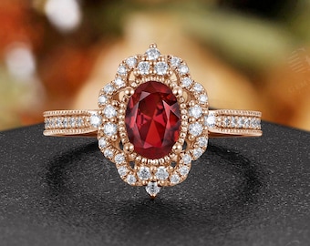 Vintage Inspired Oval Ruby Engagement Ring: Antique 14K Rose Gold Moissanite Halo Bridal Wedding Ring