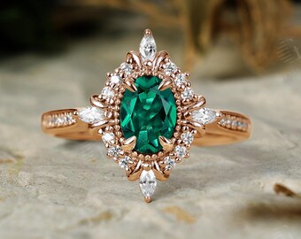 Vintage Oval Emerald Engagement Ring - Unique 14K Rose Gold Moissanite Sunburst Halo Bridal Ring
