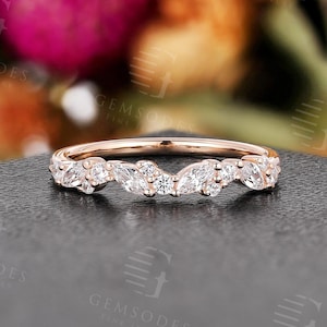 Unique Marquise Moissanite Wedding Band With Alternating Marquise & Round Cut Moissanite Stones,Anniversary Ring,Solid 14K Yellow,White,Rose