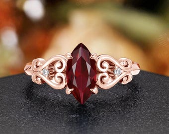 Vintage Marquise Cut Ruby Engagement Ring - Unique 14K Rose Gold Filigree Scroll Design Bridal Ring
