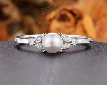 Pearl Engagement Ring,Vintage Rose Gold Women Wedding Diamond Ring,Art Deco Bridal Leaf Mligrain Birthstone Anniversary Promise Pearl Ring