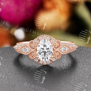 Oval Cut Moissanite Engagement Ring Vintage Filigree Ring Rose Gold Antique Milgrain Bridal Ring Round Cut Ring Anniversary Promise Ring