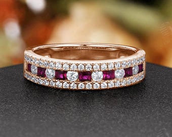 Vintage Ruby Moissanite Wedding Band: 14K Rose Gold Three Row Design Channel Set Anniversary Promise Ring