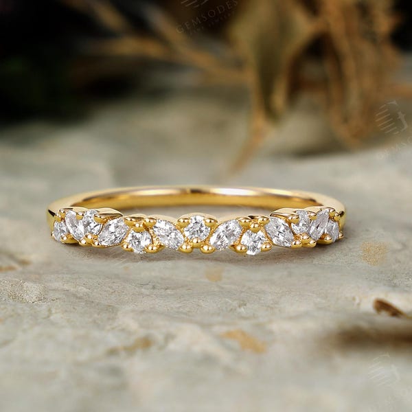 Unique Marquise Moissanite Wedding Band - Dainty Solid 14K Yellow Gold Stacking Promise Rings Women