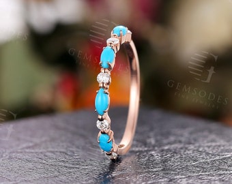Rose gold wedding band Women Vintage marquise cut turquoise band Unique moissanite half eternity Promise ring Anniversary ring