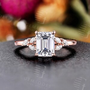 Emerald cut moissanite engagement ring rose gold marquise diamond ring women art deco handmade rings prong set anniversary promise ring