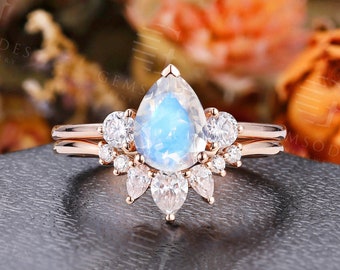 Vintage Pear Shaped Moonstone Engagement Ring Set Rose Gold Moissanite ring Art Deco Wedding Set Bridal Anniversary promise ring