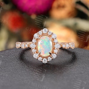 Vintage Oval Opal Engagement Ring, Antique Rose Gold Ring, Art deco Halo Wedding Ring, Unique Half Eternity Bridal Ring, Promise Anniversary