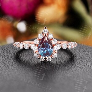 Pear shaped alexandrite engagement ring rose gold halo moissanite ring art deco half eternity cluster ring teardrop anniversary promise ring