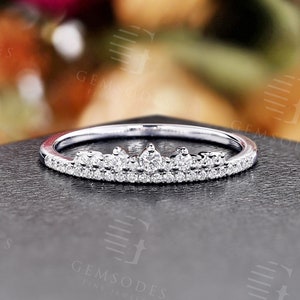 Moissanite diamond wedding band white gold crown band vintage matching wedding rings prong set half eternity stacking ring anniversary band