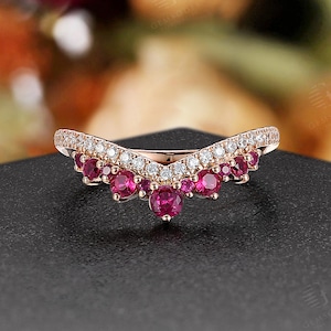 Vintage Ruby Curved Wedding Band,V Shape Red Gemstone Ring,14K Rose Gold Band,Unique Moissanite Stacking Chevron Promise Band for Women