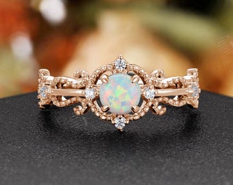 Vintage Natural Opal Engagement Ring: Antique 14K Rose Gold Milgrain Bridal Anniversary Promise Ring