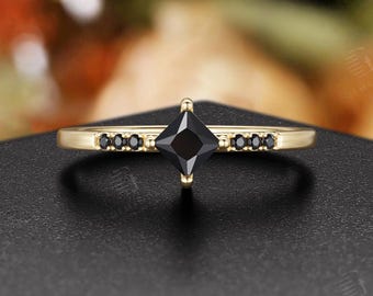 Geometric Princess Cut Black Onyx Engagement Ring,14K Yellow Gold Alternative Bridal Ring For Women