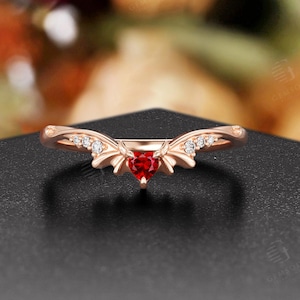 Unique Bat Heart Cut Ruby Curved Wedding Band,14K Rose Gold Gothic Ring,Fantasy Bridal Jewelry,Anniversary Promise Ring,Stacking Band