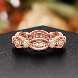 Vintage Moissanite Ehering, 14K Rose Gold Milgrain voller Eternity Ring, Zierliche antike Braut Passende stapelbare Ring Jubiläumsgeschenk