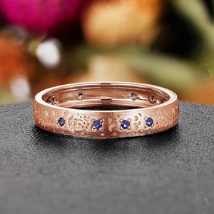 Vintage Sapphire Wedding Band,Nature Inspired Textured Ring,Handcrafted White Gold Ring,Unique Anniversary Promise Ring For Men and Women