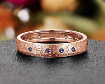 Vintage Sapphire Wedding Band,Nature Inspired Textured Ring,Handcrafted White Gold Ring,Unique Anniversary Promise Ring For Men and Women