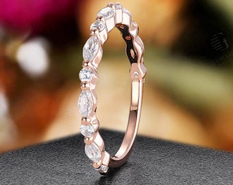 14K Rose Gold Wedding Band Women Diamond Moissanite Ring Unique 3/4 Eternity Bridal Matching Stacking Ring Promise Anniversary Ring For Her