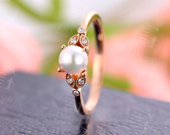 Pearl engagement ring vintage Rose gold Women Wedding Diamond Art deco Bridal Set leaf Mligrain Birthstone Anniversary Promise pearl ring