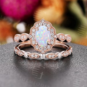 Vintage Oval Opal Engagement Ring Set,14K Rose Gold Diamond Halo Bridal Ring,Antique Wedding Promise Ring Jewelry,Unique Anniversary Ring
