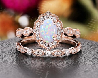 Vintage Oval Opal Engagement Ring Set,14K Rose Gold Diamond Halo Bridal Ring,Antique Wedding Promise Ring Jewelry,Unique Anniversary Ring