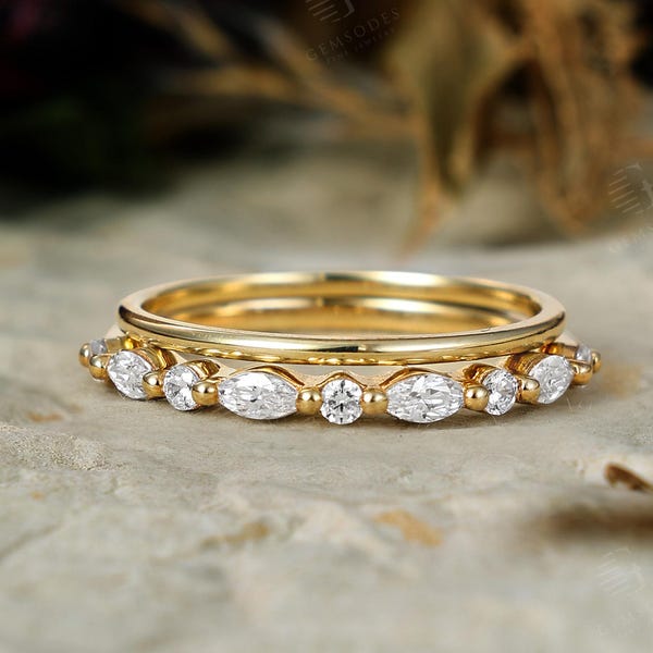 Unieke 2-delige set moissaniet trouwring - geelgouden halve eeuwigheid diamant stapelen bruidsband