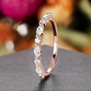 Vintage Diamond Wedding Band,14K Rose Gold Moissanite Ring,Unique Half Eternity Bridal Ring,Matching Stacking Ring,Anniversary Promise Ring