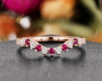 Vintage lab ruby wedding band rose gold ring unique round cut moissanite ring curved band half eternity ring promise anniversary ring