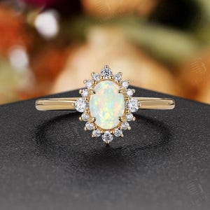 Vintage Natural Opal Engagement Ring,Art Deco 14K Yellow Gold Ring,Antique Oval Opal Bridal Ring,Diamond Halo Ring,Anniversary Promise Ring