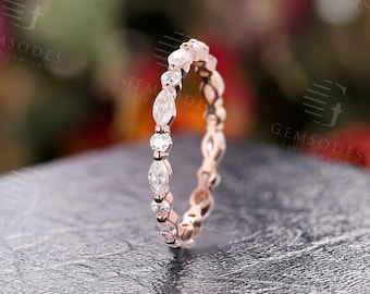 Rose gold wedding band Women marquise cut moissanite Unique eternity Matching Stacking engraving Promise ring Anniversary ring