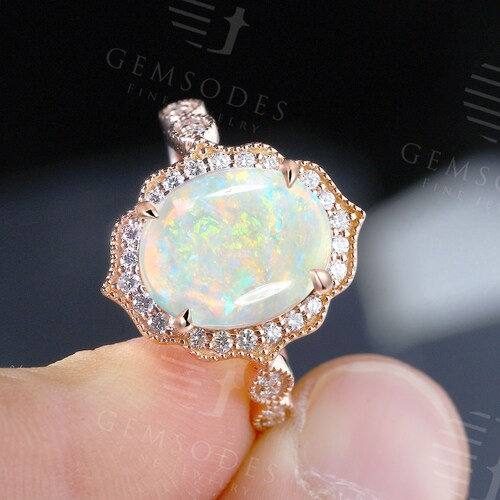 Oval Opal Engagement Ring Solid Rose Gold Vintage Engagement - Etsy