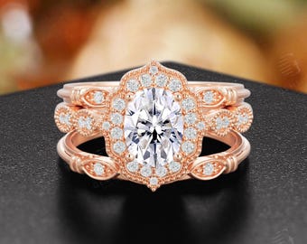 Vintage Moissanite Engagement Ring Set,Art Deco Oval Wedding Ring Set,Antique Rose Gold Ring,Moissanite Halo Milgrain Anniversary Ring