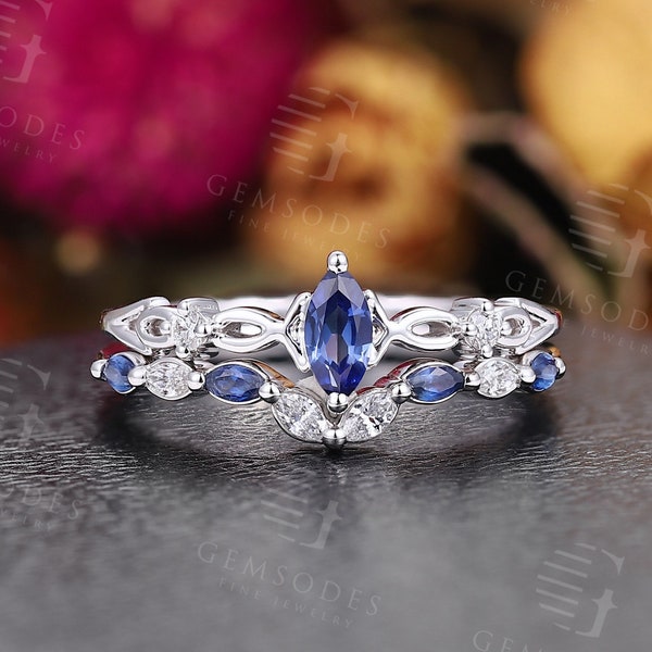 Vintage Sapphire engagement ring set Moissanite Diamond engagement ring white gold wedding band Milgrain Promise matching Bridal set ring