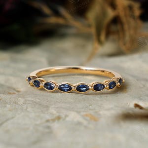 14K Gold Marquise Natural Sapphire Wedding Band - Unique Yellow Gold Stacking Anniversary Promise Ring
